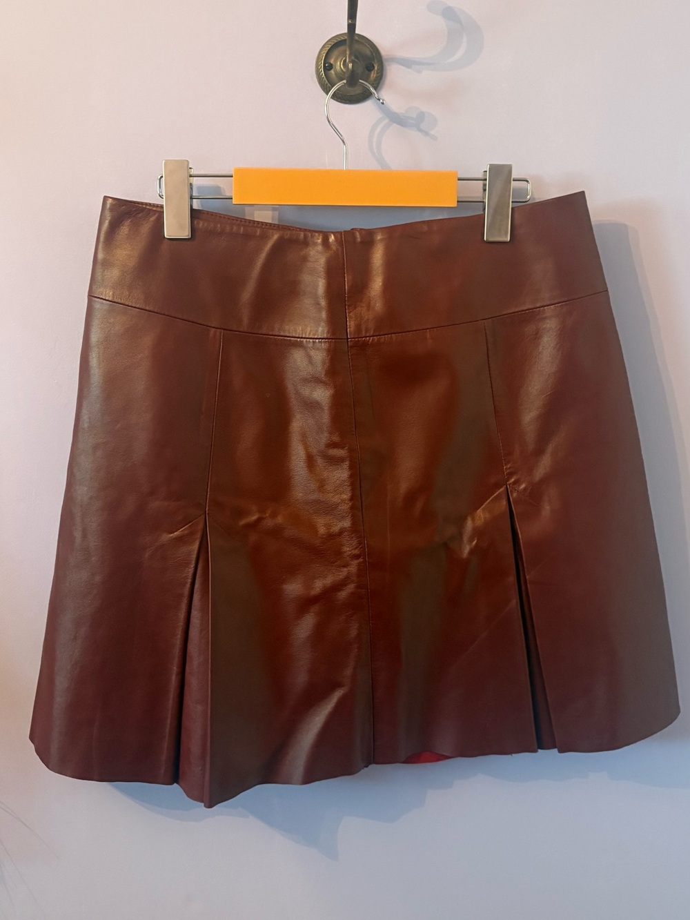 Women's Burgundy Real Leather Pleated Mini Skirt